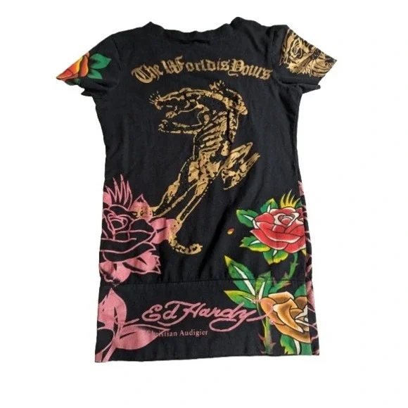 Vintage Ed Hardy Long Baby Tee Panther Rose Tattoo Tunic Christian Audigier L - Picture 2 of 15